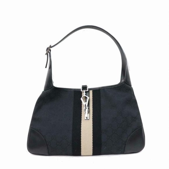Gucci Jackie Triangular Shaped Purse Black Large G Logo Print Leather And Canvas - Picture 1 of 8